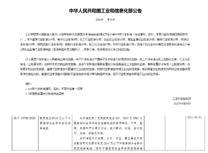 远东电缆负责起草的JB/T 13795-2020《额定电压20 kV及以下中强度铝合金导体架空绝缘电缆》行业标准正式发布