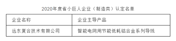 喜报！远东复合技术入选获得江苏省工信厅小巨人（制造类）企业